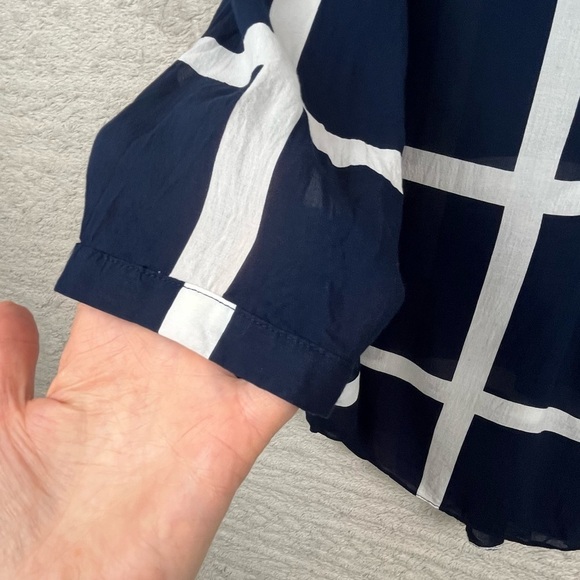 CYNTHIA ROWLEY Nautical Sheer Blouse Popover Navy Blue Window Pane Print Medium - Picture 7 of 16